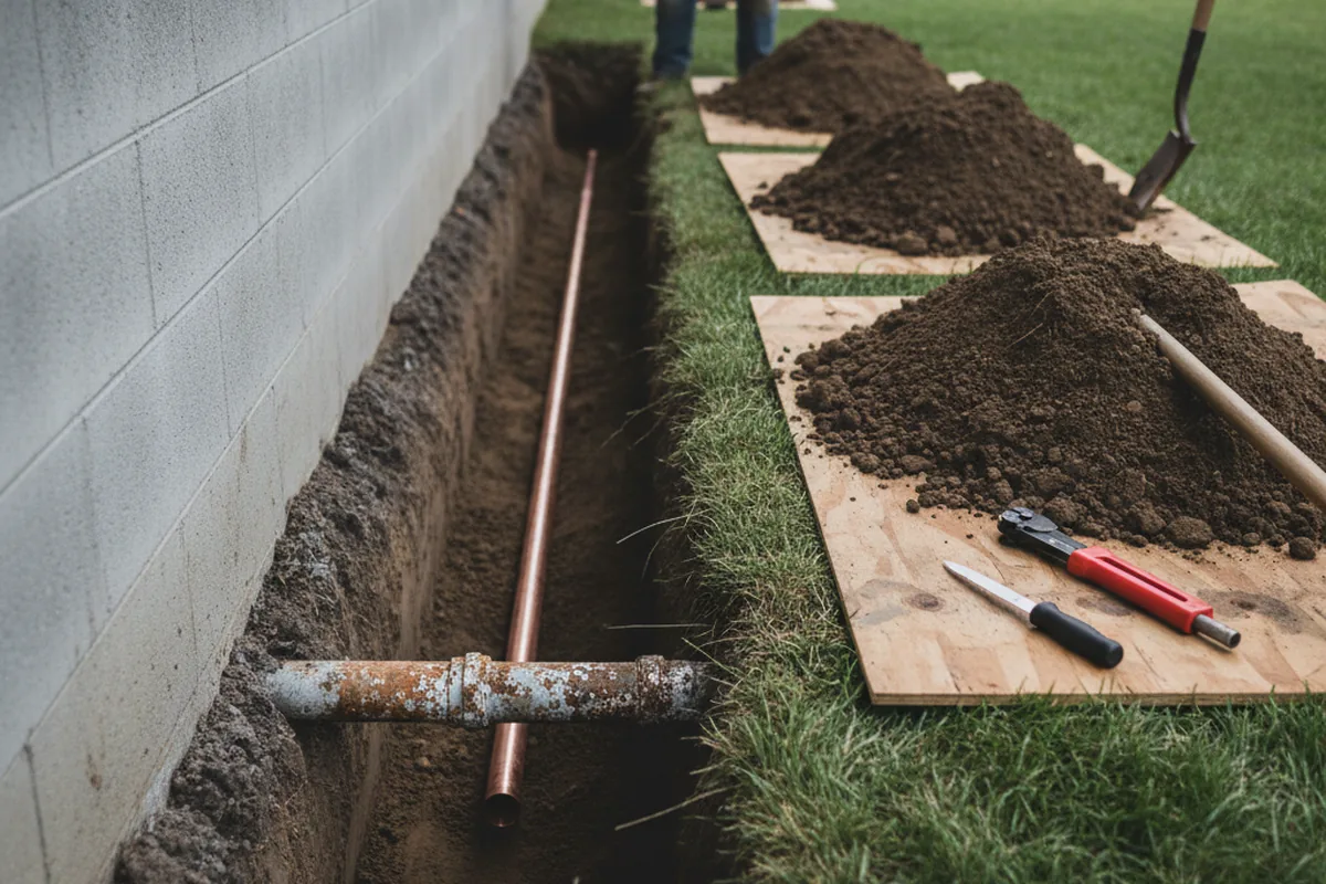 Excavated water line trench during Water Softener Installation in Kew Gardens